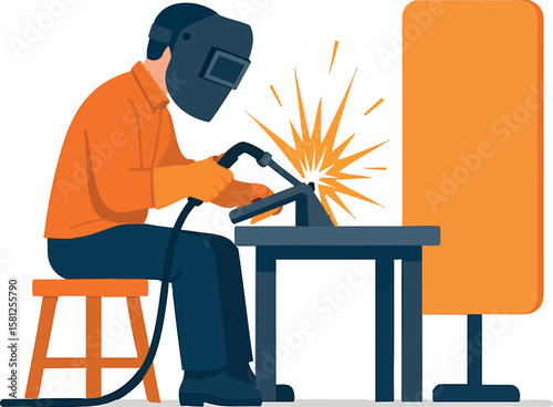 Flat vector welding station with sparks and safety shield, industrial work scene, isolated on white