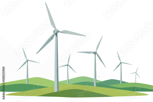 Flat vector wind farm landscape with multiple turbines in perspective, isolated on white