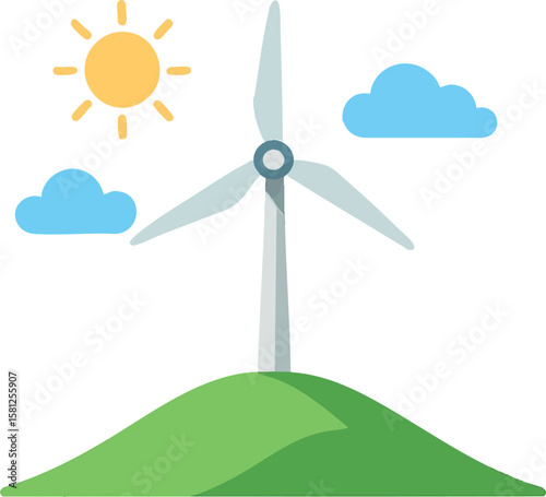 Flat vector wind turbine on grassy hill with clouds and sun, clean energy concept, isolated on white