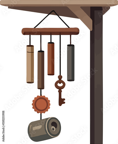 Flat vector wind chime made from upcycled materials hanging on porch, creative reuse, isolated on white