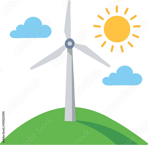 Flat vector wind turbine on grassy hill with clouds and sun, clean energy concept, isolated on white