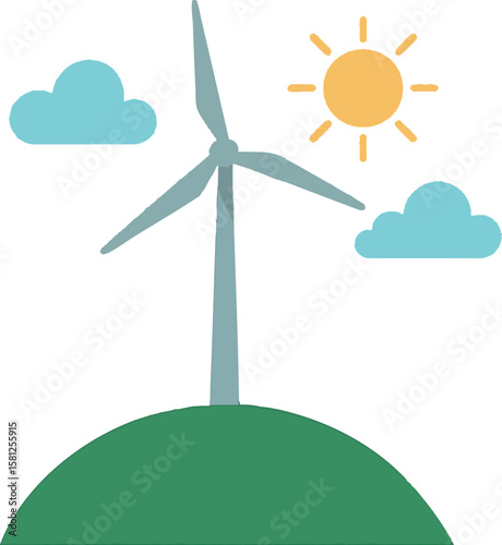 Flat vector wind turbine on grassy hill with clouds and sun, clean energy concept, isolated on white