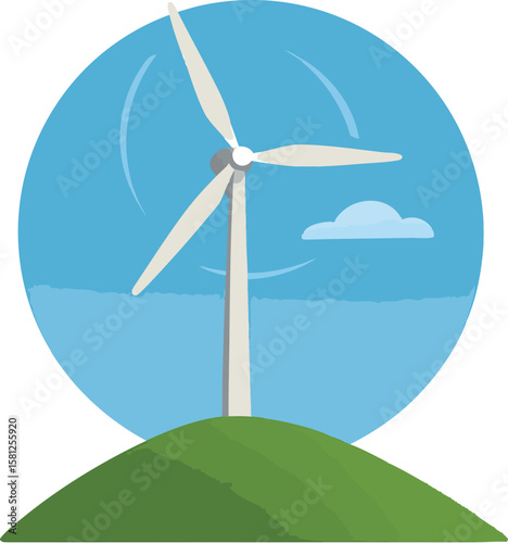 Flat vector wind turbine on green hill with rotating blades and blue sky, isolated on white