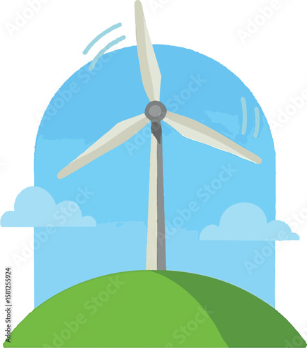 Flat vector wind turbine on green hill with rotating blades and blue sky, isolated on white