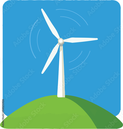 Flat vector wind turbine on green hill with rotating blades and blue sky, isolated on white