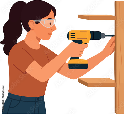 Flat vector woman building a wooden shelf with drill and safety goggles, carpenter role, isolated on white