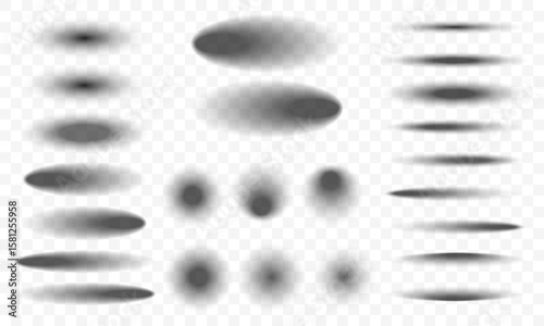 Set of black gradient oval and linear shadows with soft blurry edges for graphic design, web layouts, and modern ui elements
