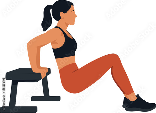Flat vector woman in sports bra doing tricep dips on bench, isolated on white