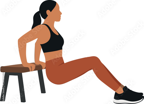 Flat vector woman in sports bra doing tricep dips on bench, isolated on white