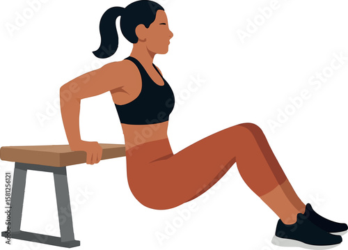 Flat vector woman in sports bra doing tricep dips on bench, isolated on white