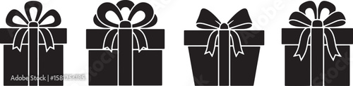 Four stylized black gift boxes with different bows isolated on white background isolated on transparent background silhouette