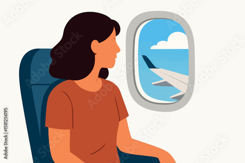 Flat vector woman looking out airplane window with sky and wing visible, travel anticipation, isolated on white