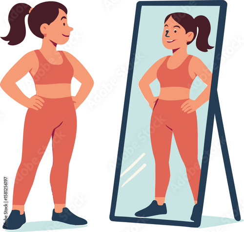 Flat vector woman in sportswear looking proud in mirror after transformation, motivation concept, isolated on white