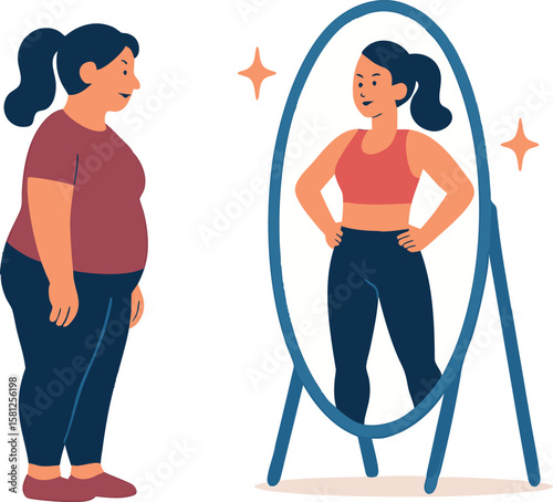 Flat vector woman in sportswear looking proud in mirror after transformation, motivation concept, isolated on white