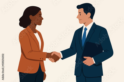 Flat vector woman shaking hands with recruiter, showing confidence and professionalism, isolated on white