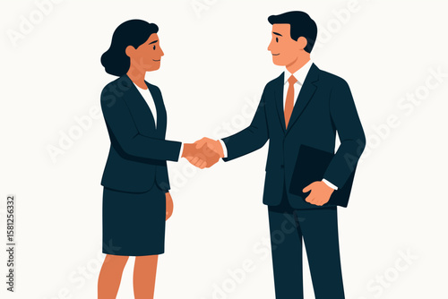 Flat vector woman shaking hands with recruiter, showing confidence and professionalism, isolated on white