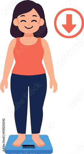 Flat vector woman standing on smart scale with happy face and downward arrow icon, weight loss progress, isolated on white