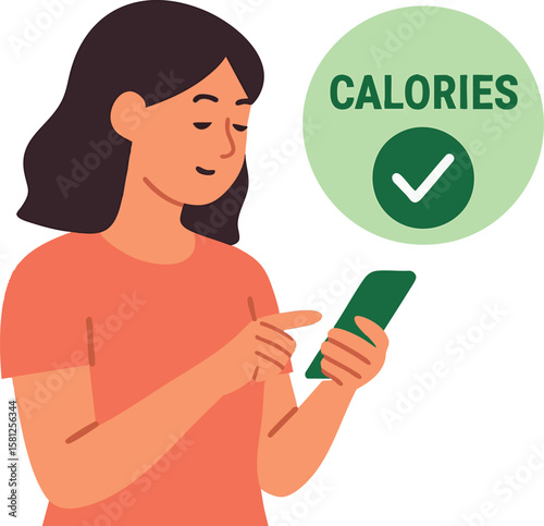 Flat vector woman tracking calories on phone with green check icon, diet control concept, isolated on white