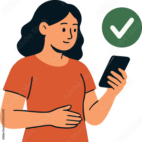 Flat vector woman tracking calories on phone with green check icon, diet control concept, isolated on white