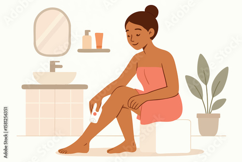 Flat vector woman using epilator on leg in bathroom setting, beauty routine, isolated on white