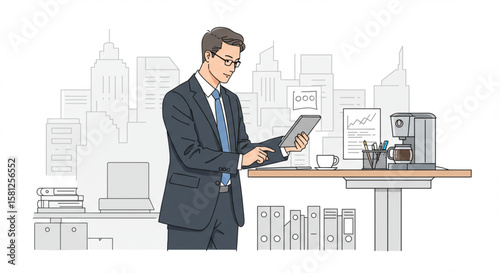 A professional businessman in a suit working on a digital tablet in a modern office with a cityscape background.