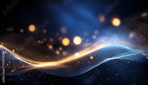 a glowing abstract wave of light and particles flows gracefully against a dark blurred background