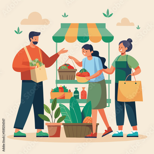 People shopping at a local farmers market for fresh vegetables and produce