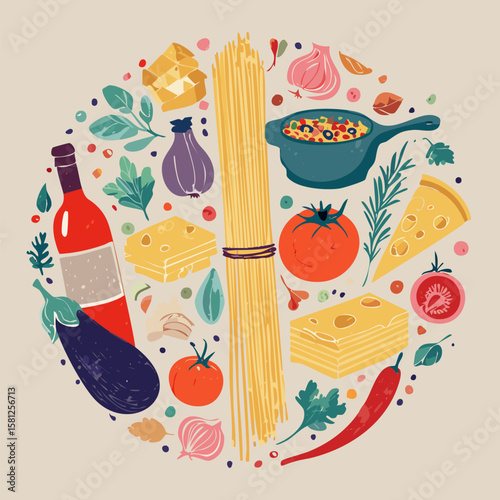 Trendy round doodle with classic Italian cuisine. Great for stickers, cards, cookbooks, home décor and restaurant illustrations