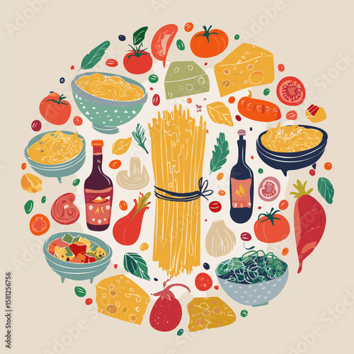 Trendy round doodle with classic Italian cuisine. Great for stickers, cards, cookbooks, home décor and restaurant illustrations