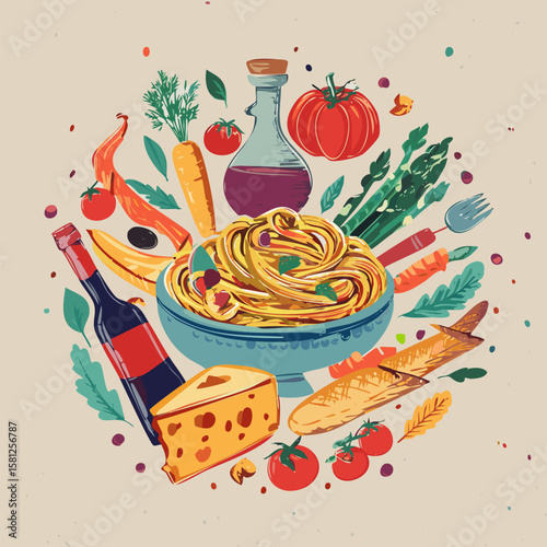Trendy round doodle with classic Italian cuisine. Great for stickers, cards, cookbooks, home décor and restaurant illustrations