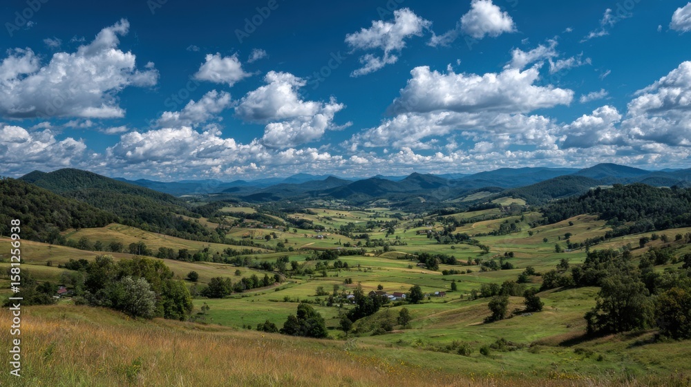 Naklejka premium A beautiful, open field with a clear blue sky and fluffy clouds. The landscape is dotted with trees and houses, giving it a peaceful and serene atmosphere