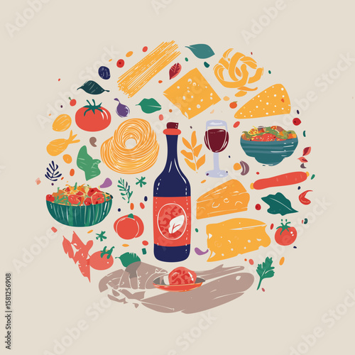 Trendy round doodle with classic Italian cuisine. Great for stickers, cards, cookbooks, home décor and restaurant illustrations