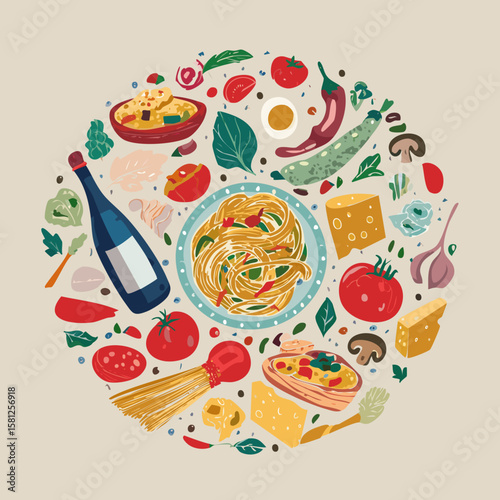 Trendy round doodle with classic Italian cuisine. Great for stickers, cards, cookbooks, home décor and restaurant illustrations