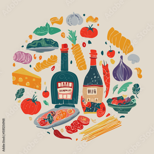 Trendy round doodle with classic Italian cuisine. Great for stickers, cards, cookbooks, home décor and restaurant illustrations