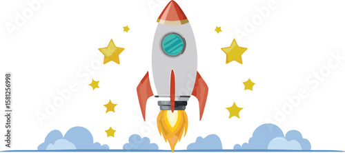 Adorable Rocket Blasting Off Surrounded by Stars Illustration