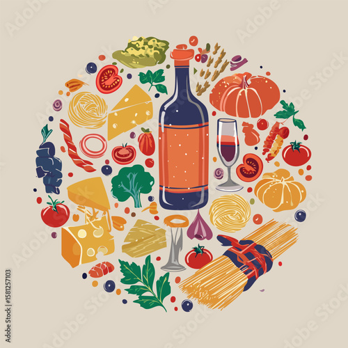 Trendy round doodle with classic Italian cuisine. Great for stickers, cards, cookbooks, home décor and restaurant illustrations