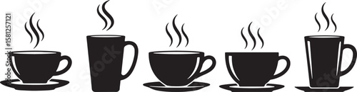 Collection of steaming coffee cups and mugs in silhouette isolated on white background isolated on transparent background