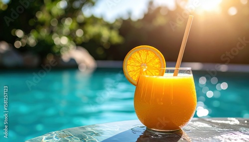 Freshly squeezed juice inside a halved orange with a bamboo straw, turquoise water and sun reflections in the background, bright and contrasty photo.