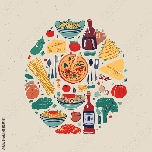 Trendy round doodle with classic Italian cuisine. Great for stickers, cards, cookbooks, home décor and restaurant illustrations