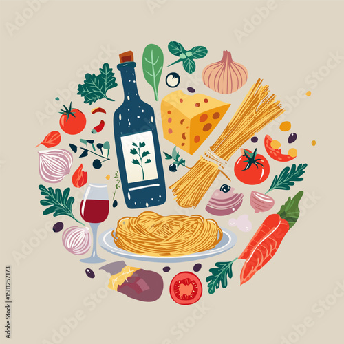 Trendy round doodle with classic Italian cuisine. Great for stickers, cards, cookbooks, home décor and restaurant illustrations