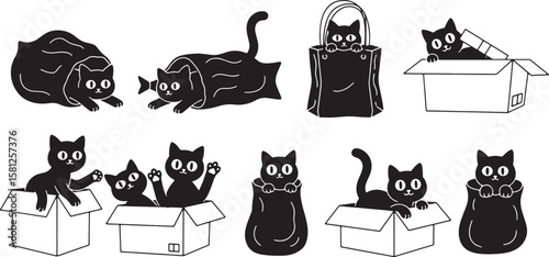 Cute black cats playing in boxes and bags silhouette isolated on white background isolated on transparent background