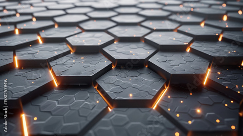 Abstract background featuring a seamless hexagon pattern with soft glowing lights between the cells. The design blends geometric structure with subtle illumination, creating a modern and futuristic․