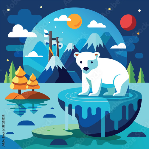 Stylized illustration of a polar bear on an iceberg amidst a mountainous landscape