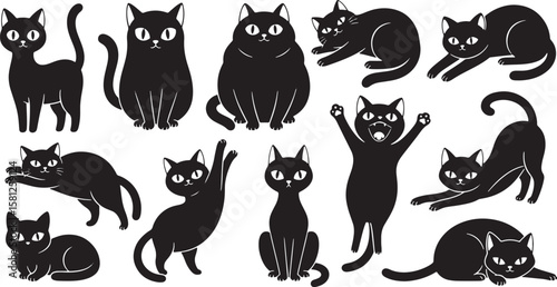 Collection of playful black cat silhouettes in various poses isolated on white background isolated on transparent background