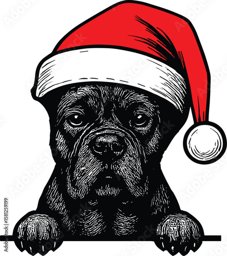 Boxer dog with christmas hat peeking vector black silhouette print design