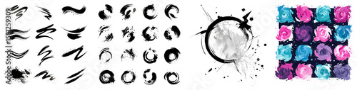 Dynamic abstract art with black background featuring textured brush strokesand vivid expression isolated transparent png