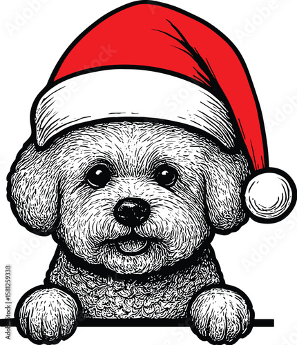 Bichon frise dog with christmas hat peeking vector black silhouette print design