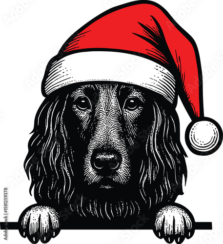 Afghan hound dog with christmas hat peeking vector black silhouette print design