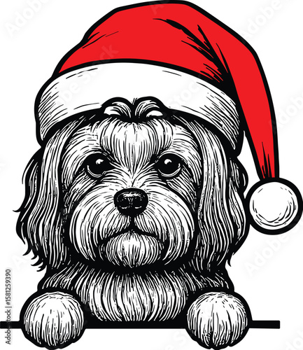 Maltese dog with christmas hat peeking vector black silhouette print design