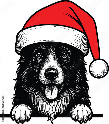 Border collie dog with christmas hat peeking vector black silhouette print design